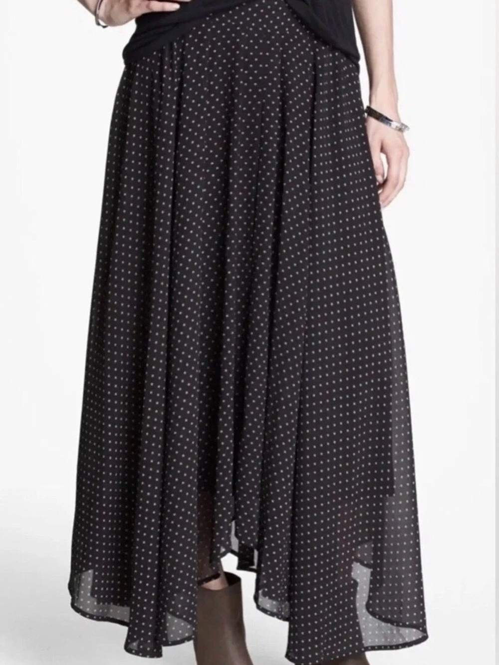 Free People Black Tan Polka Dot Asymmetrical Handkerchief Maxi Skirt Boho Size L
